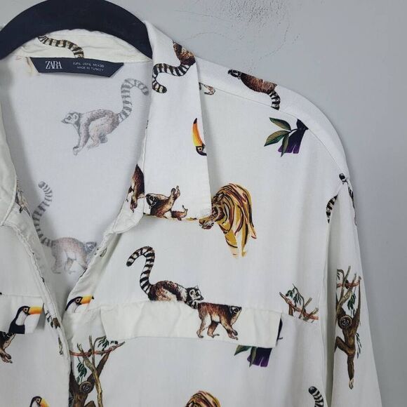 Zara Womens Jungle Animals Top White Large Long Sleeve Cinched Waist Button Up - Picture 4 of 8